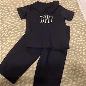Navy button back shirt pants set 2T monogram NEW